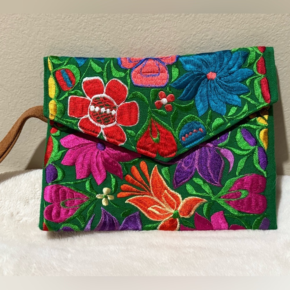 Floral Embroidered Clutch - Green and Multicolor